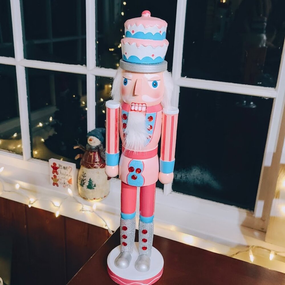 Pink Christmas Nutcracker Soldier Wooden Statue Xmas Decoration Holiday Decor